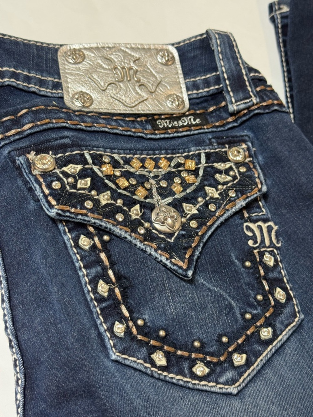 Miss Me Dark Blue Bootcut Jeans with Embellished Pocket 27x34